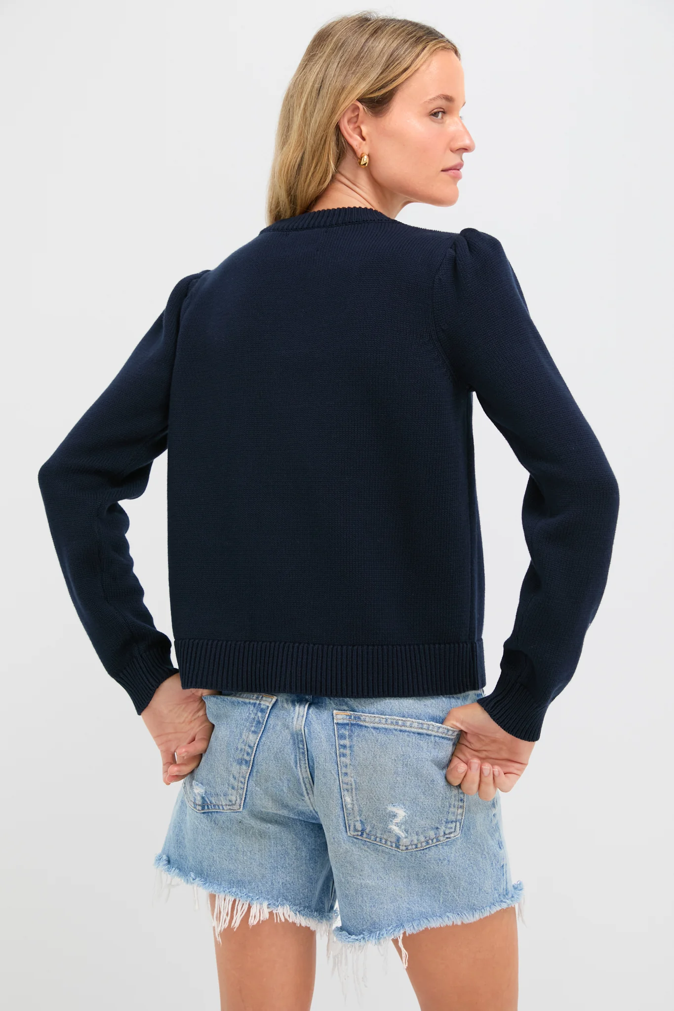 Navy Cropped Cotton Puff Sleeve Americana - Image 4