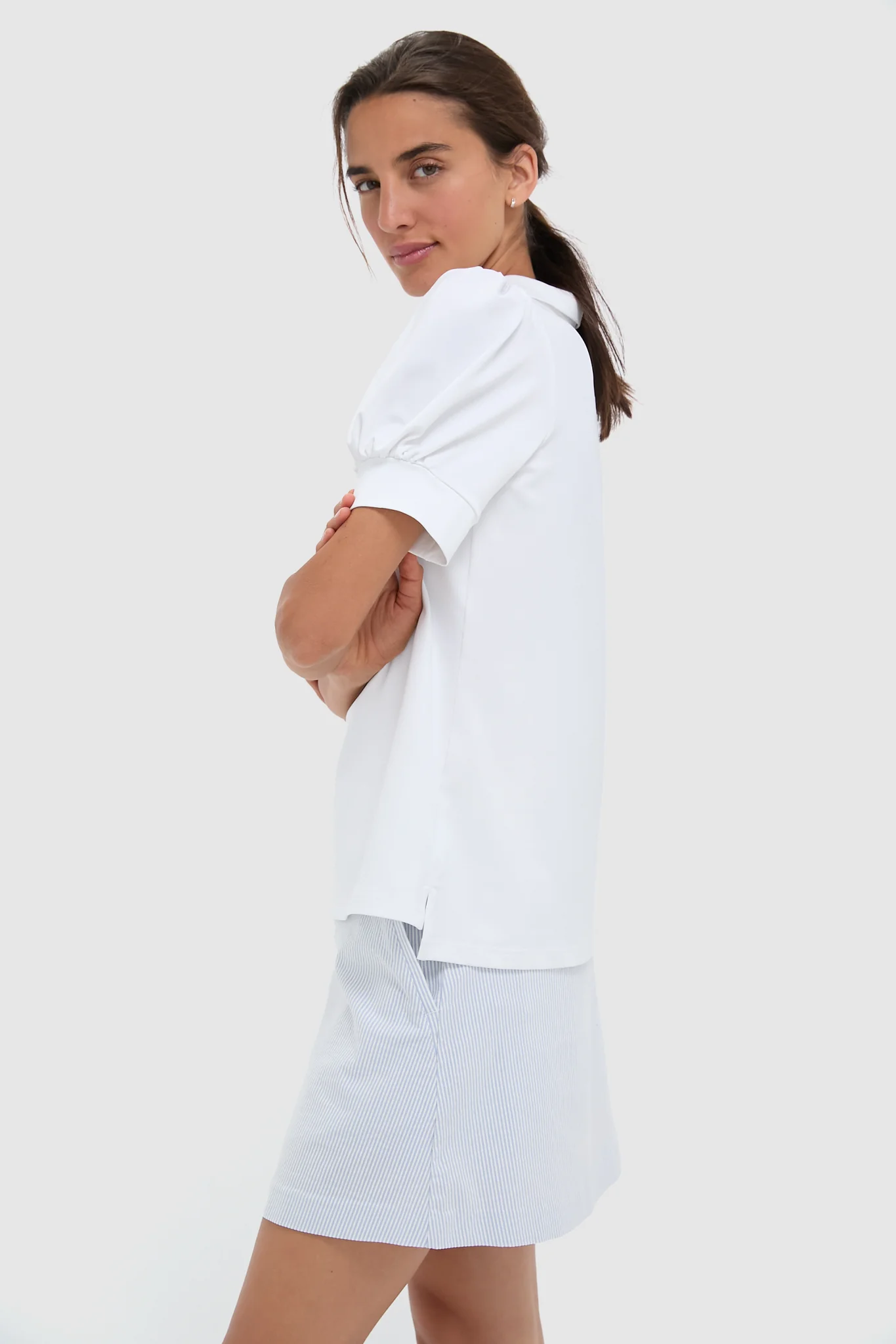 White Puff Sleeve Performance Jersey Caroline Polo - Image 3