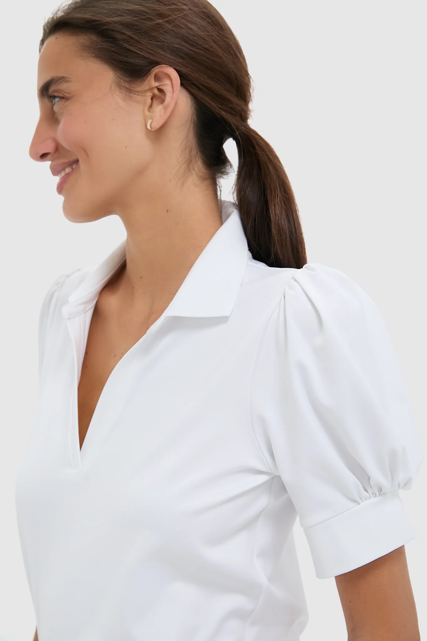 White Puff Sleeve Performance Jersey Caroline Polo - Image 5
